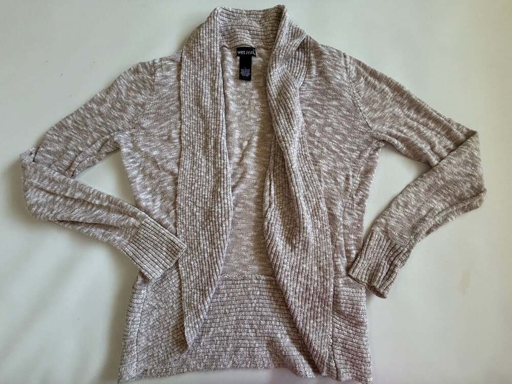 Wet Seal Cardigan WomensL Beige Marled Knit Open Front Shawl Collar Boho Cozy